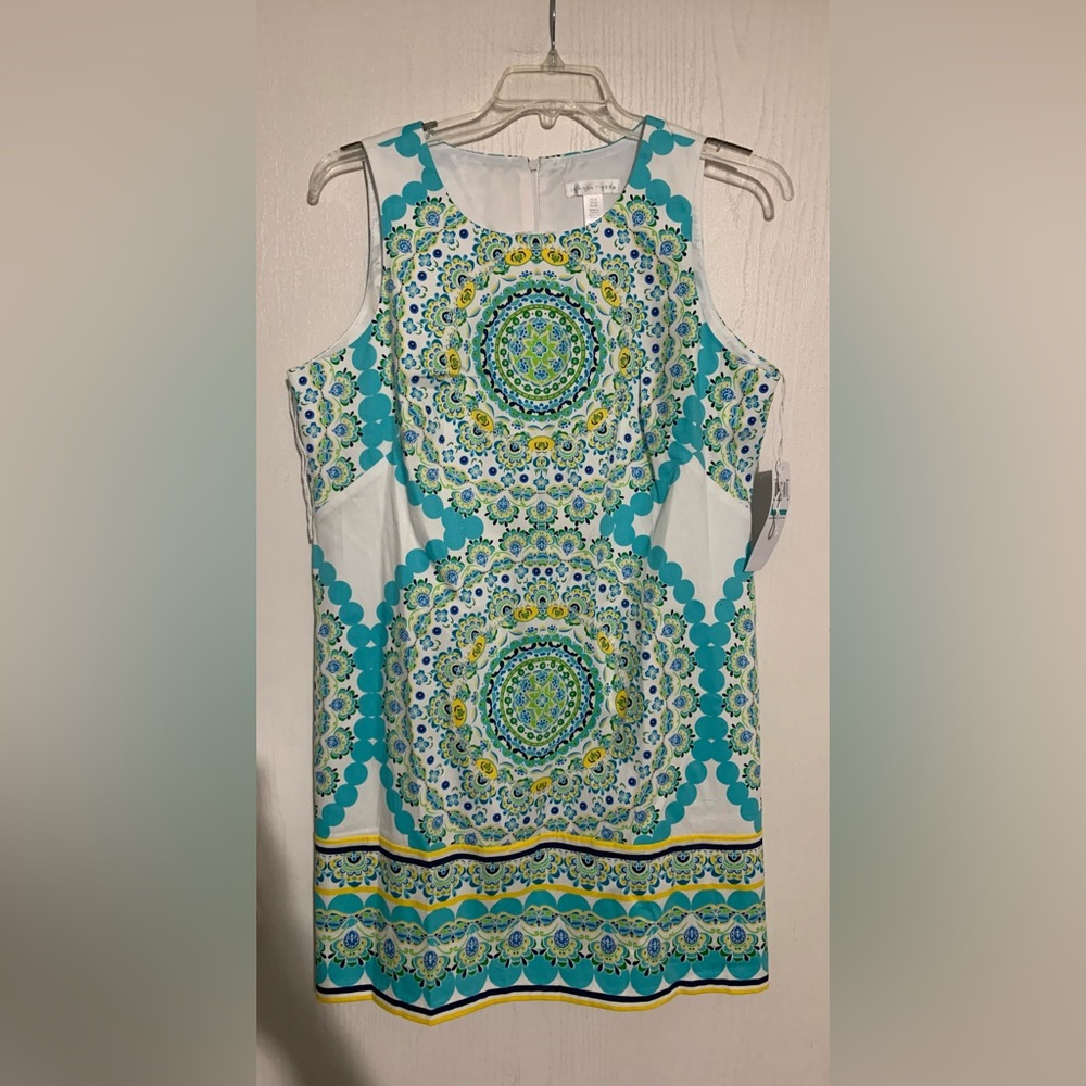 London Times Blue Yellow Geo Medallion Sheath Dress Cotton NWT